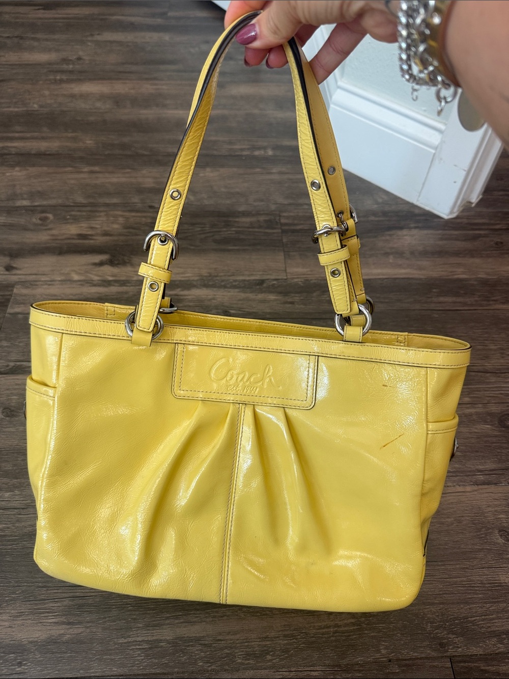 Vintage Coach Yellow Patent Leather Pleated Gallery Tote Y2K